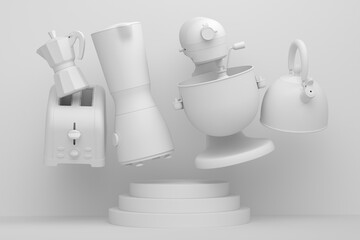 Abstract scene or podium with kitchen appliances and utensils on monochrome.