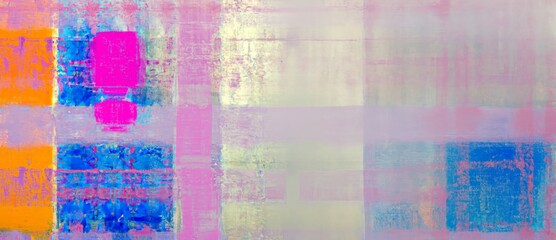 Minimal abstract art background banner with a colorful sparse arrangement of blue, orange and pink square shapes