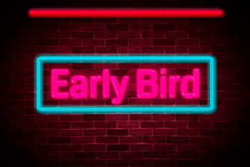 Early Bird neon text on brick wall background.