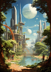 Celestial Metropolis: A 1970s Style Futurism Poster Design Envisioning Space-Age Cities Amidst Cosmic Curiosities, Crafted by Generative AI