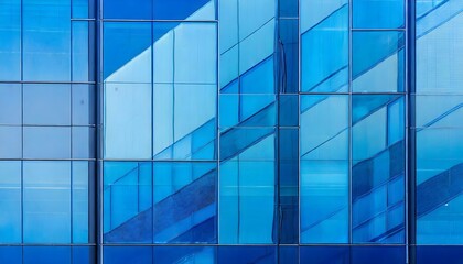 blue glass building, abstract glass facade with strict geometric lines and rectangles in blue base color