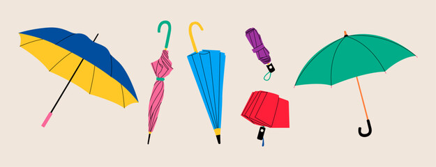 Open, closed and folded umbrellas set. Colorful vector illustration © Stranger Man