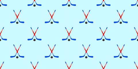 Ice hockey template background. Hockey vector seamless pattern. Cute sticks and pucks endless backdrop. Winter sports repeated texture for sporting designs, prints. Cartoon style