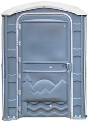 Blue porta potty or porta john, public toilet or bathroom, against transparent background, high resolution png
