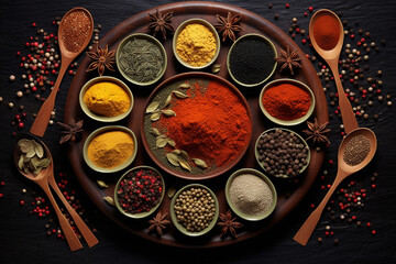 Various spices in wooden spoons on black background. Top view.