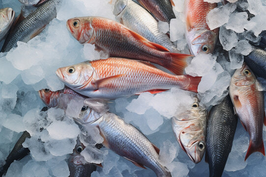Fresh fish on ice as a background. Top view. Close up.