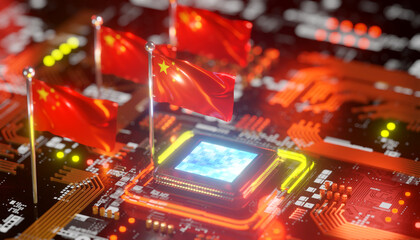 Chipset on circuit board for China semiconductor industry, 3d rendering