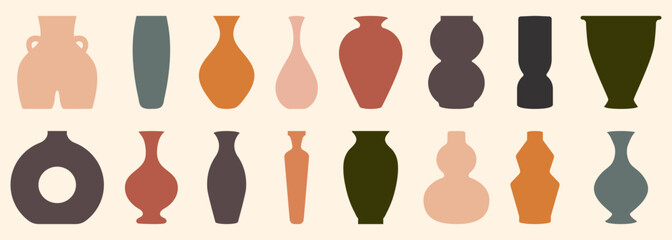 Set of different ancient ceramic vases. Hygge pottery concept. Vector illustration on isolated background