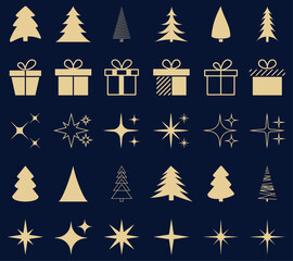 Set of gold Christmas element. Christmas tree, gift box, sparkle star geometric minimalist elements and icons. Vector illustration