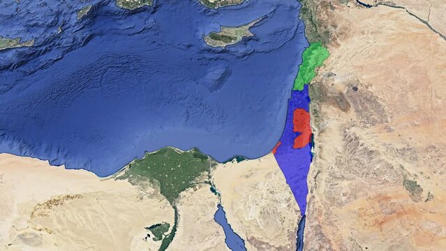  A 3D satellite animated map that highlights Lebanon in green, Palestinian Territories (Gaza and West Bank) in Red, and Israel in Blue. No text.