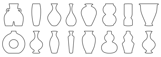 Set of line ancient ceramic vases. Contemporary art for home decor. Vector illustration isolated on white background - obrazy, fototapety, plakaty