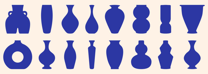 Fototapeta na wymiar Set of vases with different shapes and forms. Dark blue colored geometric pottery
