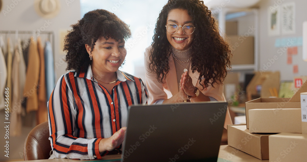 Poster Teamwork, happy and women with laptop for fashion designer, supply chain and ecommerce startup. Small business, online shopping and people celebrate sale on computer for website, order and shipping