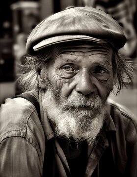 Intense Poor Senior Bearded Man with Hat Gazing Off Camera, Character Portrait