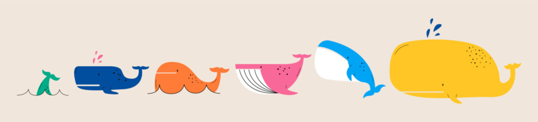 Set of Cute whale, Sea life. Colorful vector illustration