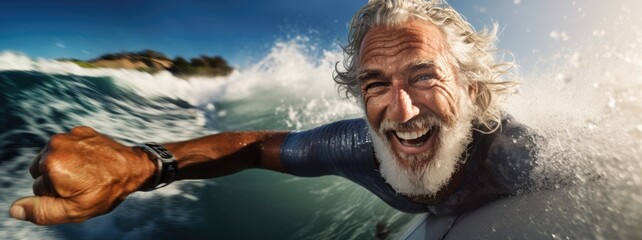 Cheerful senior male surfer surfing on his board during retirement in the ocean spending active lifestile healthy aging with copy space background