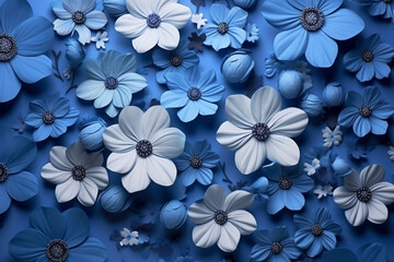 Beautiful blue flowers on color background, top view. Floral design