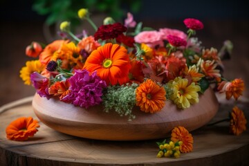 Vibrant fall flowers in a wooden dish. Focused. Generative AI