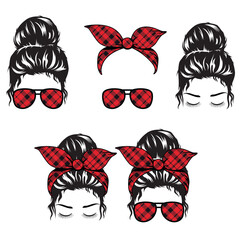 Woman face silhouette set with messy bun, bandana and aviator glasses. Mom life hashtag.Mom Lifestyle file cut, vector illustration designs. Messy bun jpeg, messy bun eps. File cricut, silhouette