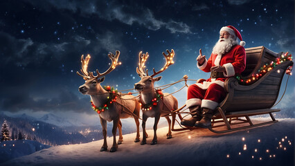 Santa Claus flies with his reindeer in the skies to bring gifts to good children. Christmas and gifts, good children, sweets and celebration. Christmas with the family.