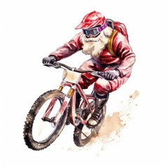 Obraz premium Santa Claus riding a mountain bike, wearing a helmet during the winter season and Christmas holiday on a white background. Funny activity Santa Claus clipart.