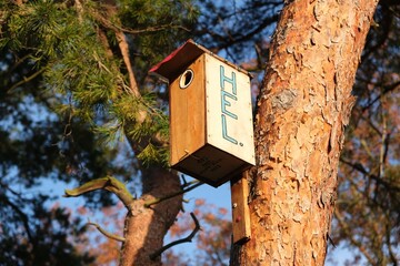 A wooden birdhouse on a tree with the name of the town of Hel. Pomerania, Hel Penisula - obrazy, fototapety, plakaty