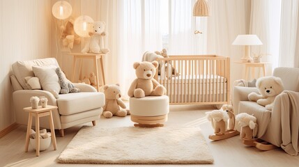 Soft-toned nursery with light wooden furniture and plush toys. Gorgeous interior design. 