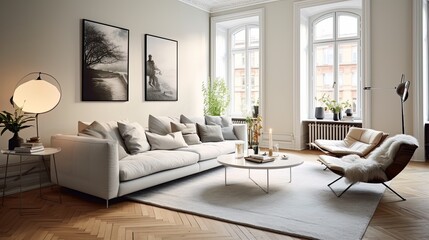 Stylish living room. Copenhagen chic living. Modern interior design. 