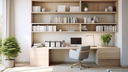 Home office with clean lines, ergonomic furniture, open shelving with books. Modern interior design.