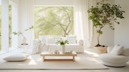 Spacious living room boasting white minimalist furniture, soft cotton textiles, and greenery. Modern interior design. 