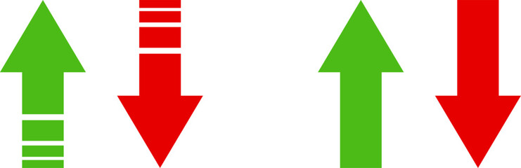 Green Up and Red Down Arrow Stock Market Inflation Interest Rate or Price Icon Set. Vector Image.