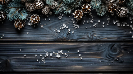 Christmas background with fir branches, snowflakes on a wooden table. Empty space. New year postcard template