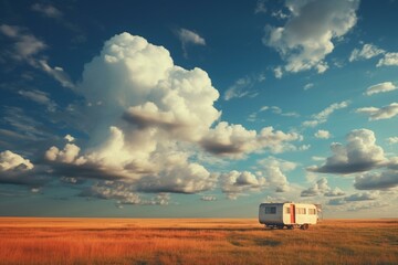 Fototapeta na wymiar Sky with clouds, vibrant trailer in a field. Generative AI