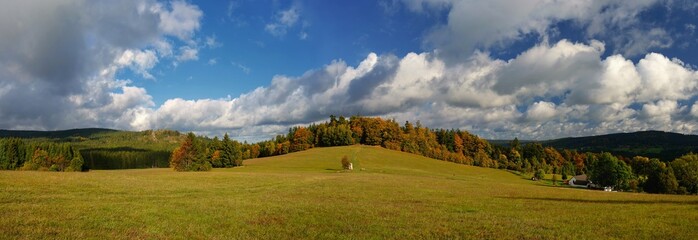 Beautiful autumn landscape-panorama. Colourful nature in autumn time. Highlands - Czech Republic - Blatiny.