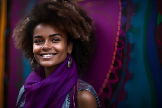 Africa, Ethiopian Habesha woman with curls is smiling and holding cultural tibeb scarf in front of a bright purple wall. in the style of dark silver and gray, afrofuturism.