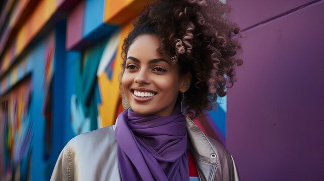Africa, Ethiopian Habesha woman with curls is smiling and holding cultural tibeb scarf in front of a bright purple wall. in the style of dark silver and gray, afrofuturism.
