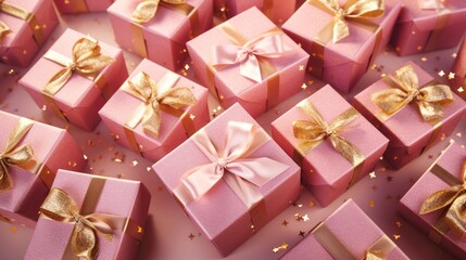 Obraz na płótnie Canvas Pink with golden Christmas gift boxes. Minimalistic festive background, horizontal web banner. A cardboard box with a surprise inside with a satin ribbon and a bow. Generative AI.