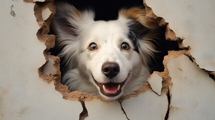 Cute dog looking through hole in wall