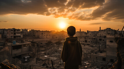 A kid looking at the sunset surrounded with destroyed buildings in war zone. Hoping for freedom - obrazy, fototapety, plakaty