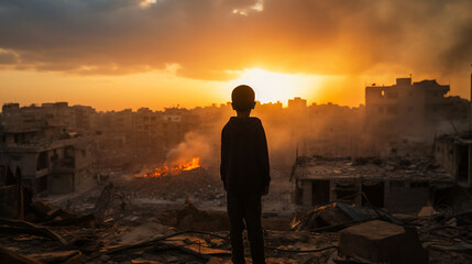 A kid looking at the sunset surrounded with destroyed buildings in war zone. Hoping for freedom