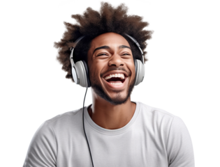 African American music lover deriving pleasure from beats and rhythm through headphones, cut out
