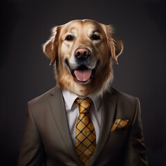 Golden retriever dog in suit isolated on dark background. Generative AI image illustration. Beautiful animals looks like humans concept