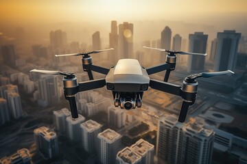 top view of drone flying on top of modern city