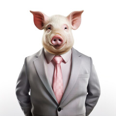 Businessman pig in suit is standing isolated on white background. Generative AI image illustration. Business animals concept - obrazy, fototapety, plakaty