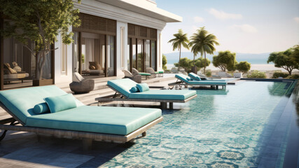 Swimming pool with sun loungers.