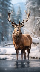 A Realistic Shot of a Graceful Christmas Elk in a Snowy Setting