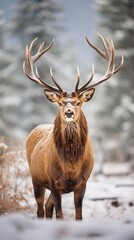 A Realistic Shot of a Graceful Christmas Elk in a Snowy Setting