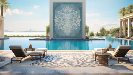 Fototapeta premium Swimming Pool And Terrace Of The Blur Exterior Background