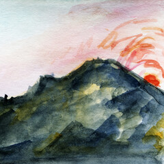 Hand Drawn Watercolor Mountain Shore Laandscape