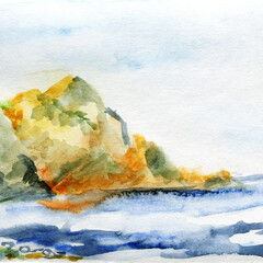 Hand Drawn Watercolor Mountain Sea Shore in Sunny Weather